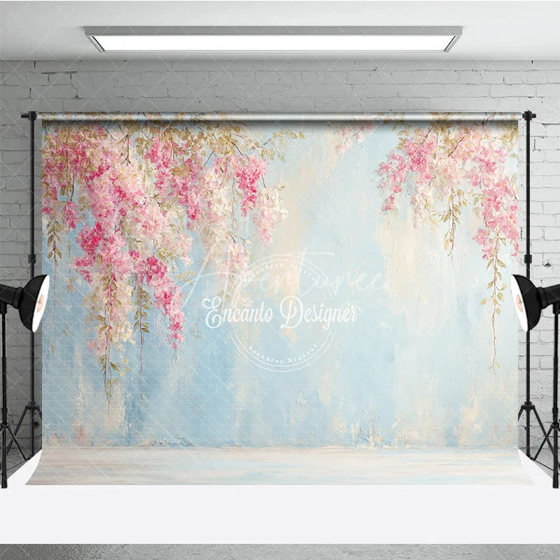 Aperturee - Aperturee Pink Floral Photography Backdrop Flowers on a Blue Textured Wall Painterly Fine Art Portrait Background