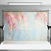Aperturee - Aperturee Pink Floral Photography Backdrop Flowers on a Blue Textured Wall Painterly Fine Art Portrait Background