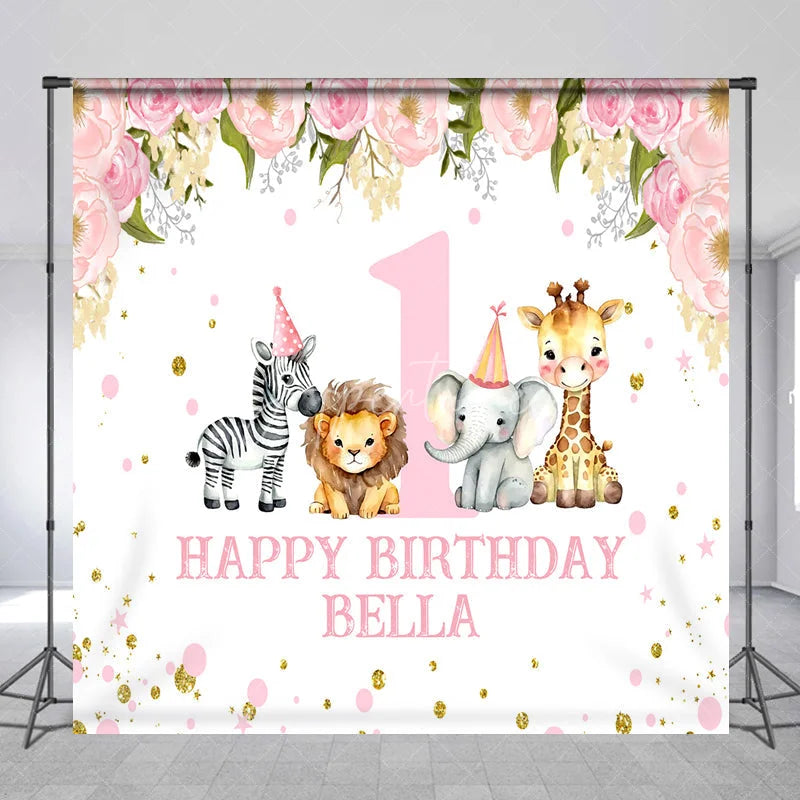 Aperturee - Aperturee Pink Floral Safari Animals First Birthday Custom Backdrop with Party Hats Personalized Happy Birthday Decor