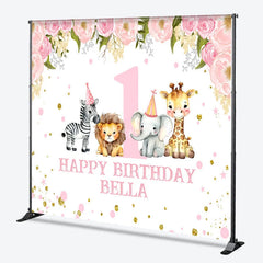 Aperturee - Aperturee Pink Floral Safari Animals First Birthday Custom Backdrop with Party Hats Personalized Happy Birthday Decor