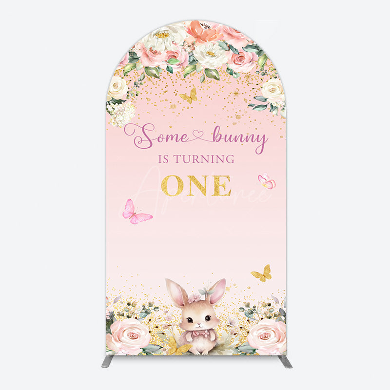 Aperturee - Aperturee Pink Floral Some Bunny Is Turning One Arch Backdrop