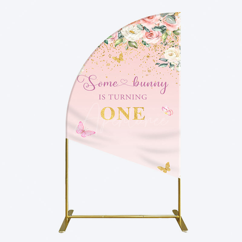 Aperturee - Aperturee Pink Floral Some Bunny Is Turning One Half Moon Arch Backdrop