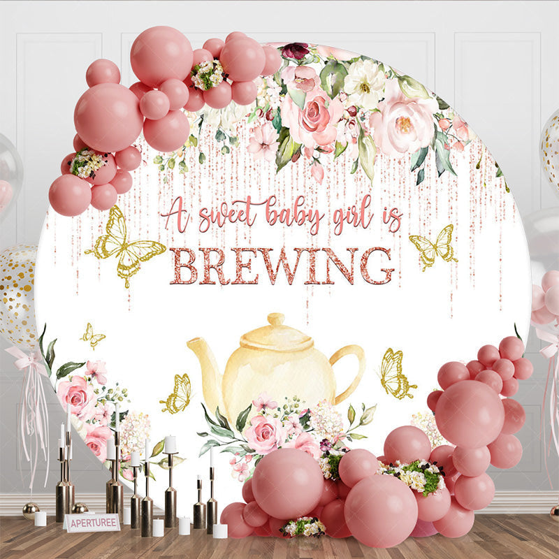 Aperturee - Aperturee Pink Floral Tea Baby Girl Brewing Round Backdrop