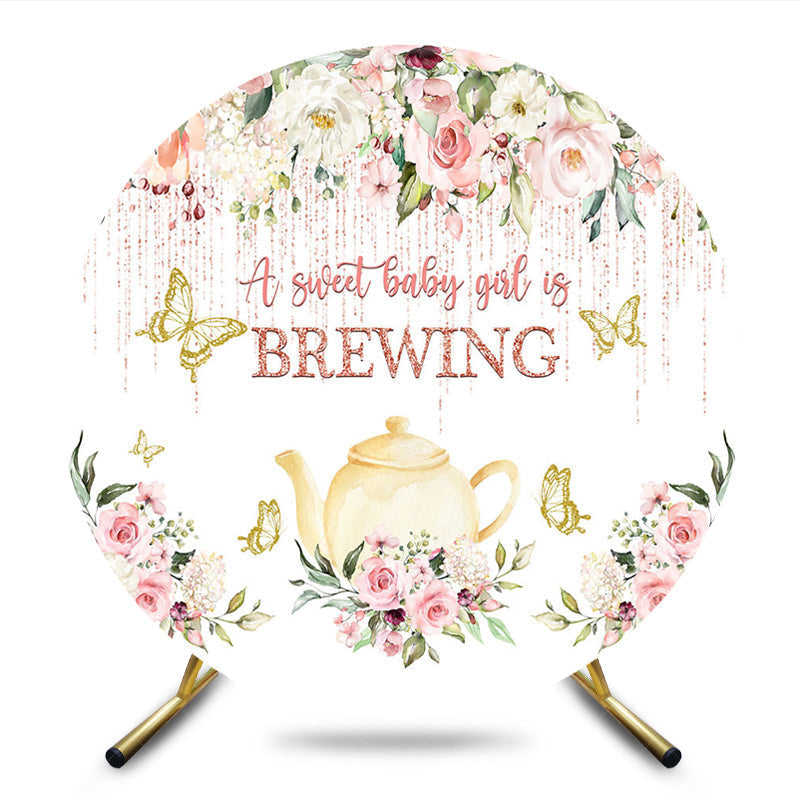Aperturee - Aperturee Pink Floral Tea Baby Girl Brewing Round Backdrop
