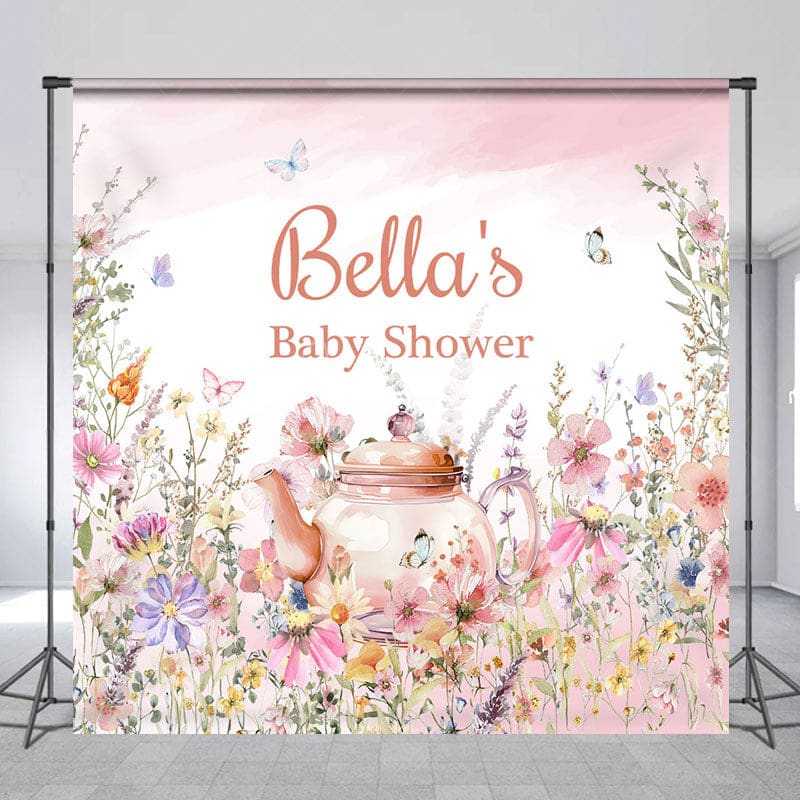 Aperturee - Aperturee Pink Floral Tea Pot Custom Name Baby Shower Backdrop