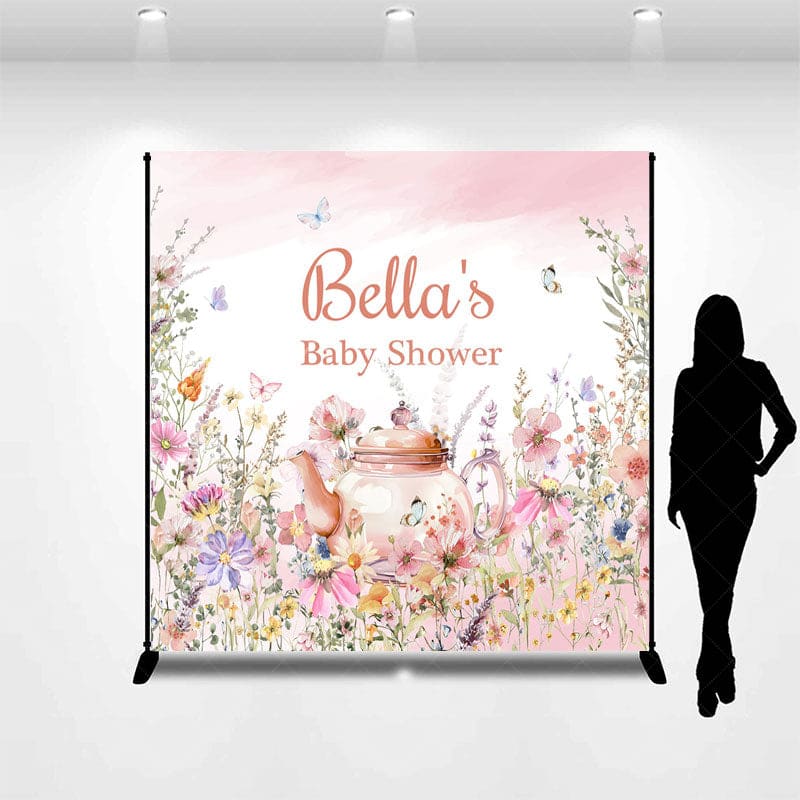 Aperturee - Aperturee Pink Floral Tea Pot Custom Name Baby Shower Backdrop