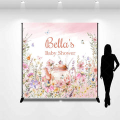 Aperturee - Aperturee Pink Floral Tea Pot Custom Name Baby Shower Backdrop