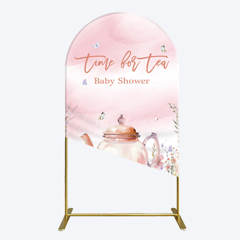 Aperturee - Aperturee Pink Floral Time For Tea Baby Shower Arch Backdrop