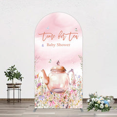 Aperturee - Aperturee Pink Floral Time For Tea Baby Shower Arch Backdrop