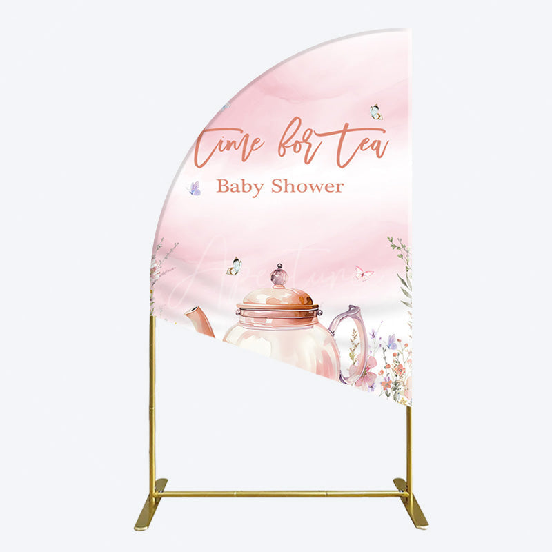 Aperturee - Aperturee Pink Floral Time For Tea Baby Shower Half Moon Arch Backdrop
