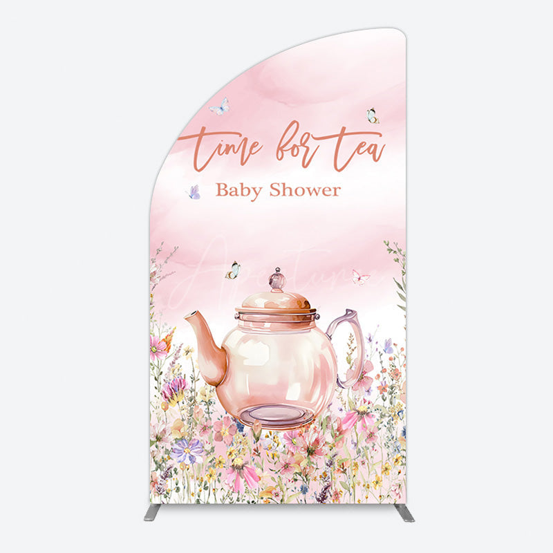 Aperturee - Aperturee Pink Floral Time For Tea Baby Shower Half Moon Arch Backdrop