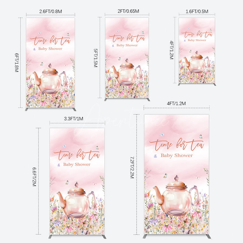 Aperturee - Aperturee Pink Floral Time For Tea Baby Shower Rectangle Backdrop