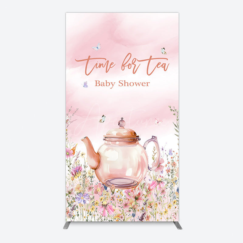 Aperturee - Aperturee Pink Floral Time For Tea Baby Shower Rectangle Backdrop