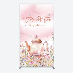 Aperturee - Aperturee Pink Floral Time For Tea Baby Shower Rectangle Backdrop