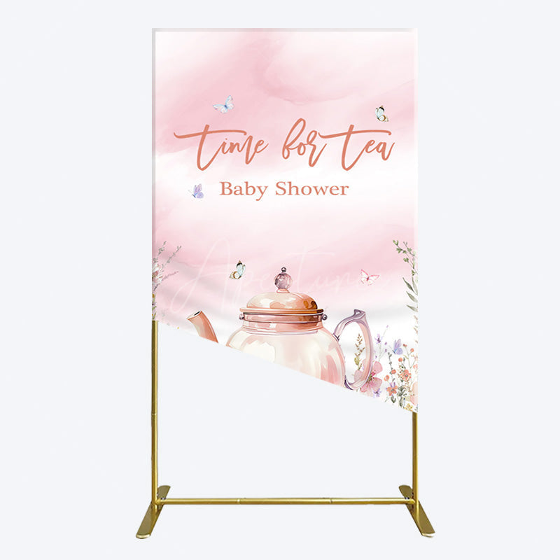 Aperturee - Aperturee Pink Floral Time For Tea Baby Shower Rectangle Backdrop