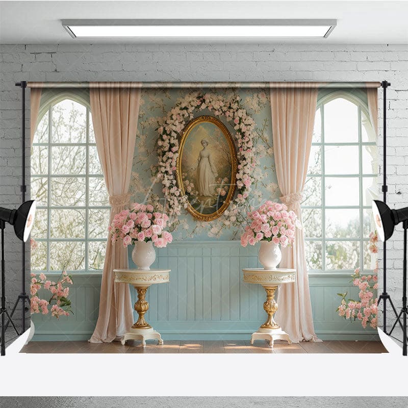 Aperturee - Aperturee Pink Floral Vintage Portrait Blue Window Backdrop