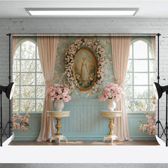 Aperturee - Aperturee Pink Floral Vintage Portrait Blue Window Backdrop
