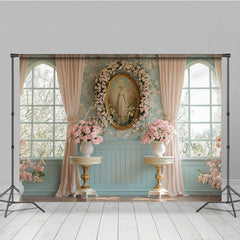Aperturee - Aperturee Pink Floral Vintage Portrait Blue Window Backdrop