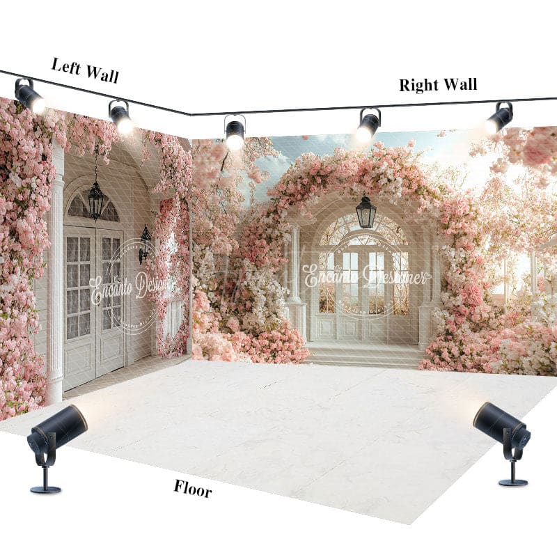 Aperturee - Aperturee Pink Floral Wedding Photography Room Set Backdrop