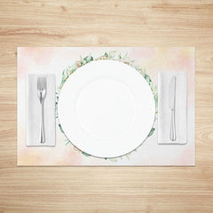 Aperturee - Aperturee Pink Floral Wreath Placemats Set of 4 with Greenery for Wedding Bridal Shower and Spring Table Decor