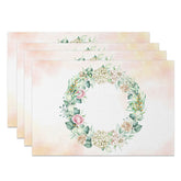 Aperturee - Aperturee Pink Floral Wreath Placemats Set of 4 with Greenery for Wedding Bridal Shower and Spring Table Decor
