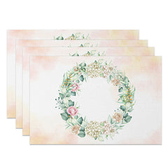 Aperturee - Aperturee Pink Floral Wreath Placemats Set of 4 with Greenery for Wedding Bridal Shower and Spring Table Decor