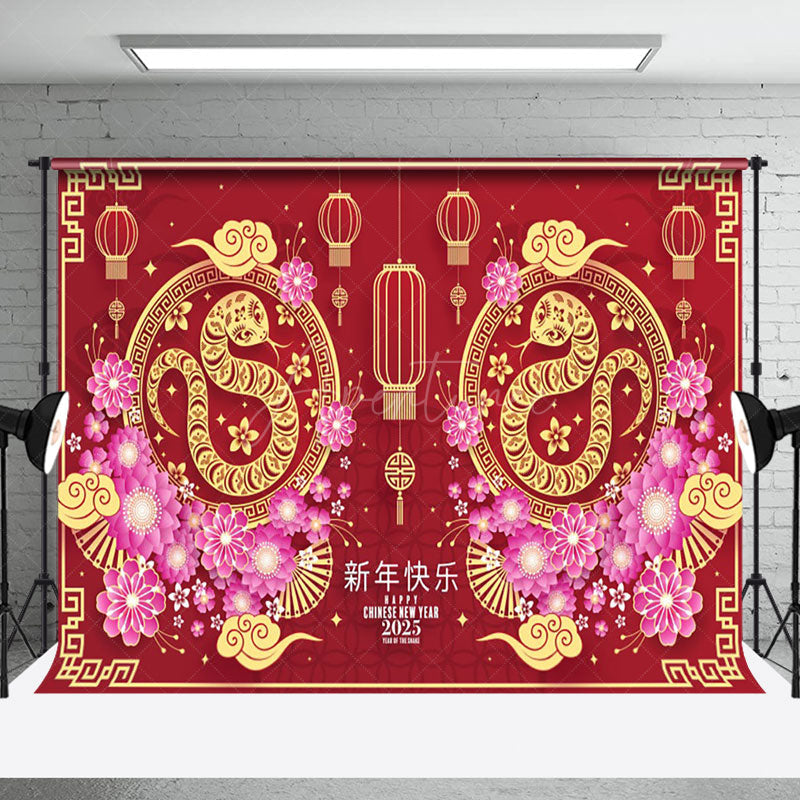 Aperturee - Aperturee Pink Flower Red New Year Vibe Zodiac Snake Backdrop