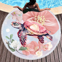 Aperturee - Aperturee Pink Flower Returnee Minimalist Round Beach Towel
