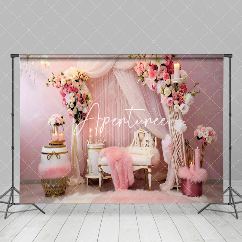 Aperturee - Aperturee Pink Flowers Curtains Wedding Photography Backdrop