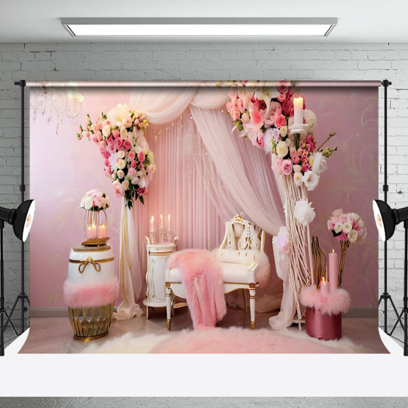 Aperturee - Aperturee Pink Flowers Curtains Wedding Photography Backdrop