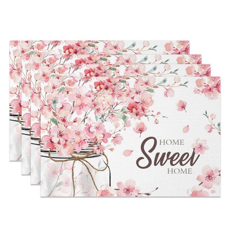 Aperturee - Aperturee Pink Fresh Floral Home Sweet Home Set of 4 Placemats