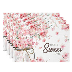 Aperturee - Aperturee Pink Fresh Floral Home Sweet Home Set of 4 Placemats