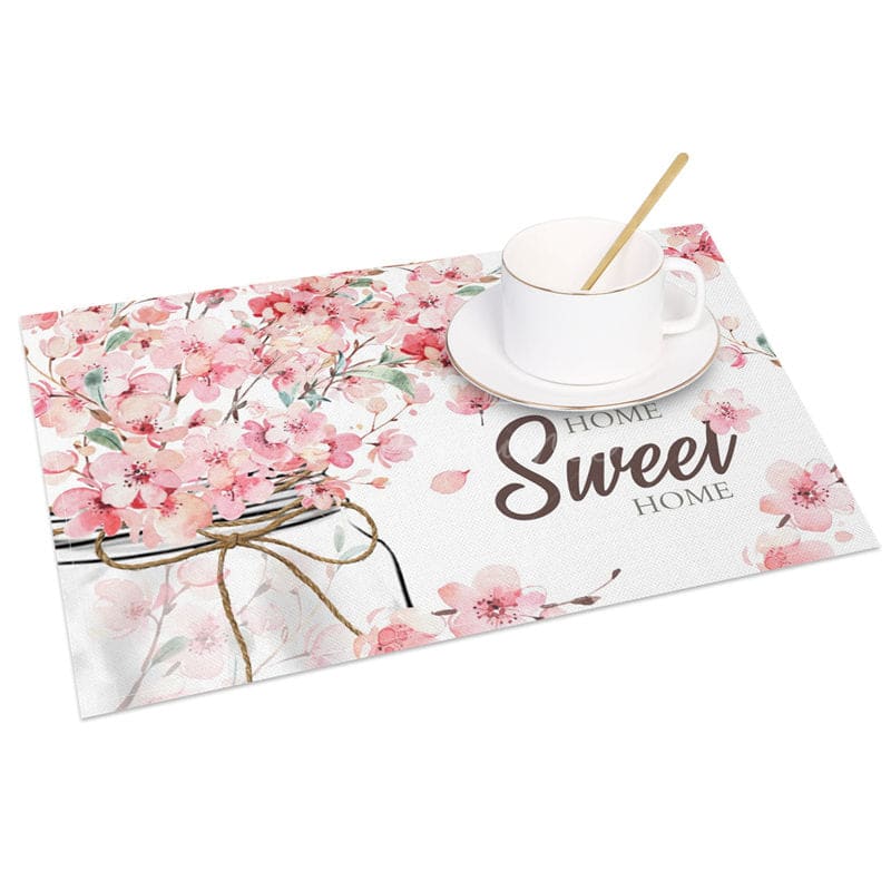 Aperturee - Aperturee Pink Fresh Floral Home Sweet Home Set of 4 Placemats