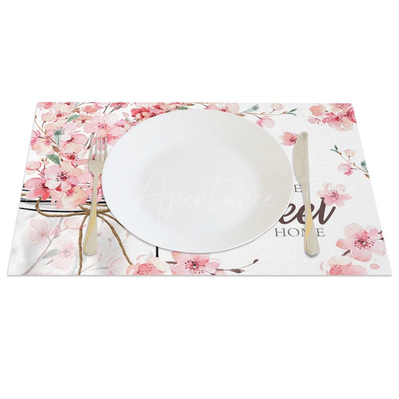 Aperturee - Aperturee Pink Fresh Floral Home Sweet Home Set of 4 Placemats