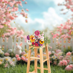 Aperturee - Aperturee Pink Garden Trees Fence Eggs Bunny Easter Backdrop