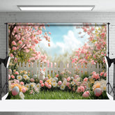 Aperturee - Aperturee Pink Garden Trees Fence Eggs Bunny Easter Backdrop