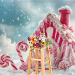 Aperturee - Aperturee Pink Gingerbread House Backdrop Candy Cane Peppermint Fantasy Winter Snow Scene Photo Background