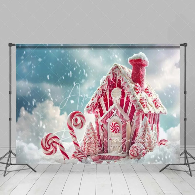 Aperturee - Aperturee Pink Gingerbread House Backdrop Candy Cane Peppermint Fantasy Winter Snow Scene Photo Background