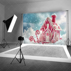 Aperturee - Aperturee Pink Gingerbread House Backdrop Candy Cane Peppermint Fantasy Winter Snow Scene Photo Background