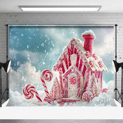 Aperturee - Aperturee Pink Gingerbread House Backdrop Candy Cane Peppermint Fantasy Winter Snow Scene Photo Background