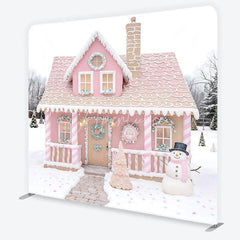Aperturee - Aperturee Pink Gingerbread House Tension Fabric Backdrop Candy Cane Snowman Winter Background Christmas Kids Party Decoration