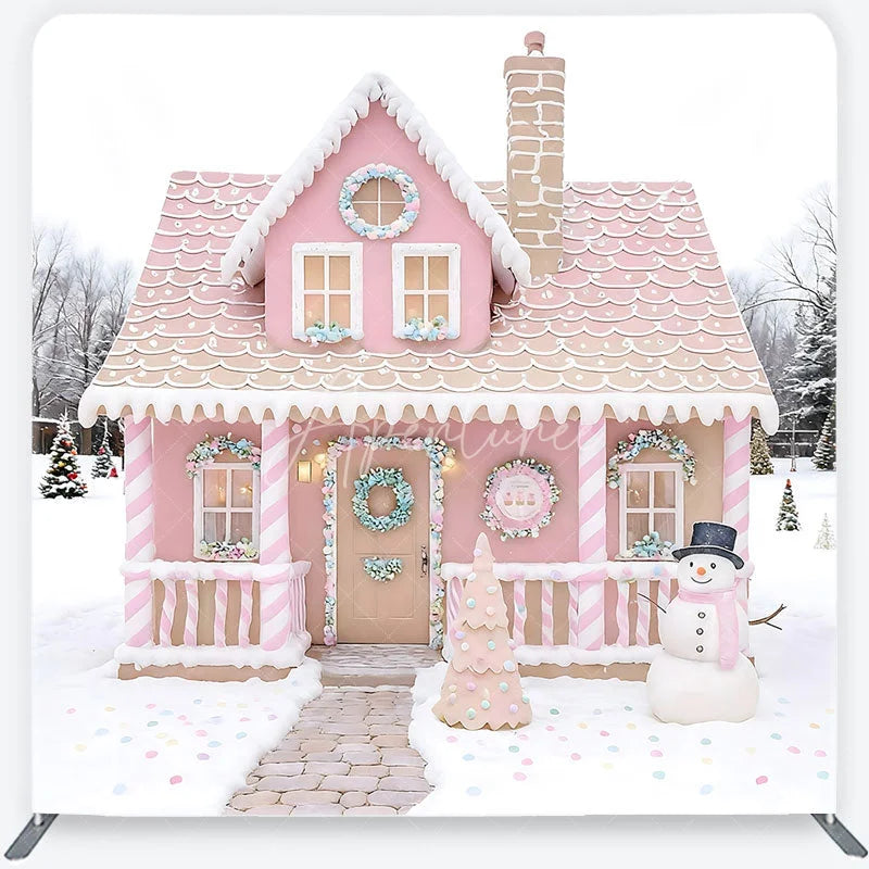 Aperturee - Aperturee Pink Gingerbread House Tension Fabric Backdrop Candy Cane Snowman Winter Background Christmas Kids Party Decoration