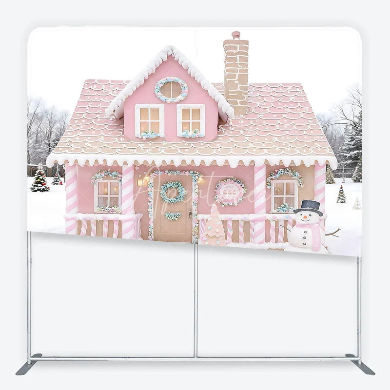 Aperturee - Aperturee Pink Gingerbread House Tension Fabric Backdrop Candy Cane Snowman Winter Background Christmas Kids Party Decoration