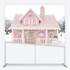 Aperturee - Aperturee Pink Gingerbread House Tension Fabric Backdrop Candy Cane Snowman Winter Background Christmas Kids Party Decoration
