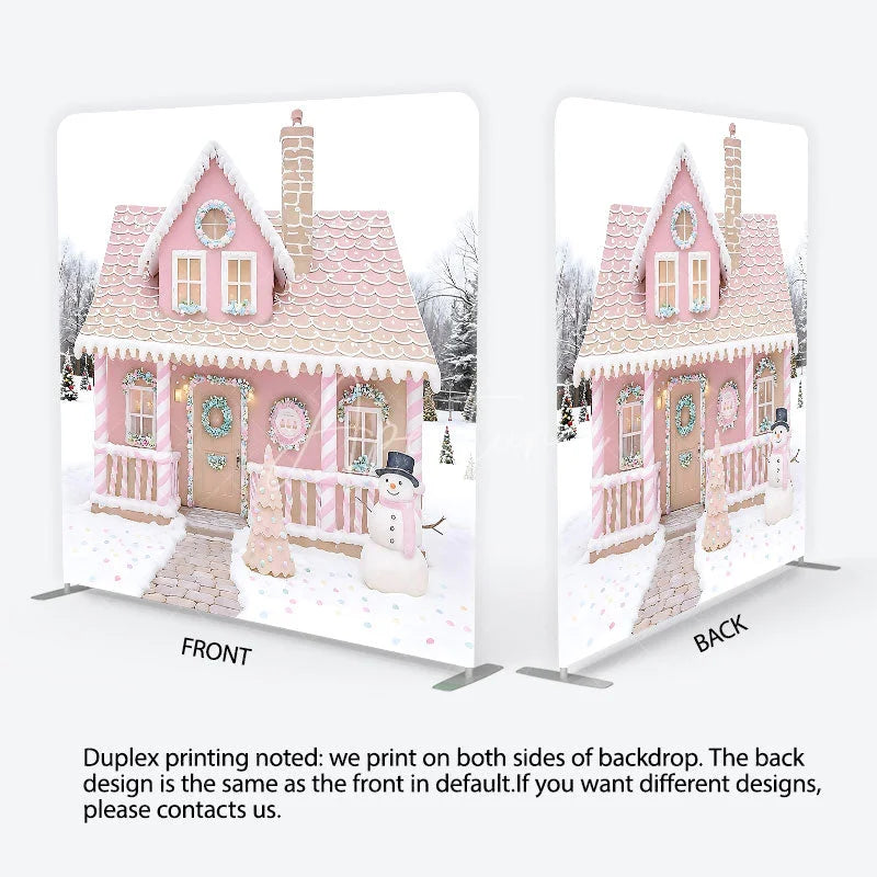 Aperturee - Aperturee Pink Gingerbread House Tension Fabric Backdrop Candy Cane Snowman Winter Background Christmas Kids Party Decoration