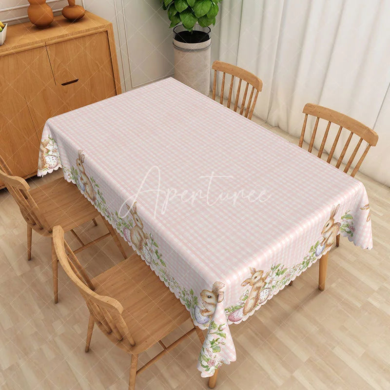 Aperturee - Aperturee Pink Gingham Bunny Rectangle Tablecloth Realistic Rabbit Easter Egg Table Cover Rustic Spring Farmhouse Decor