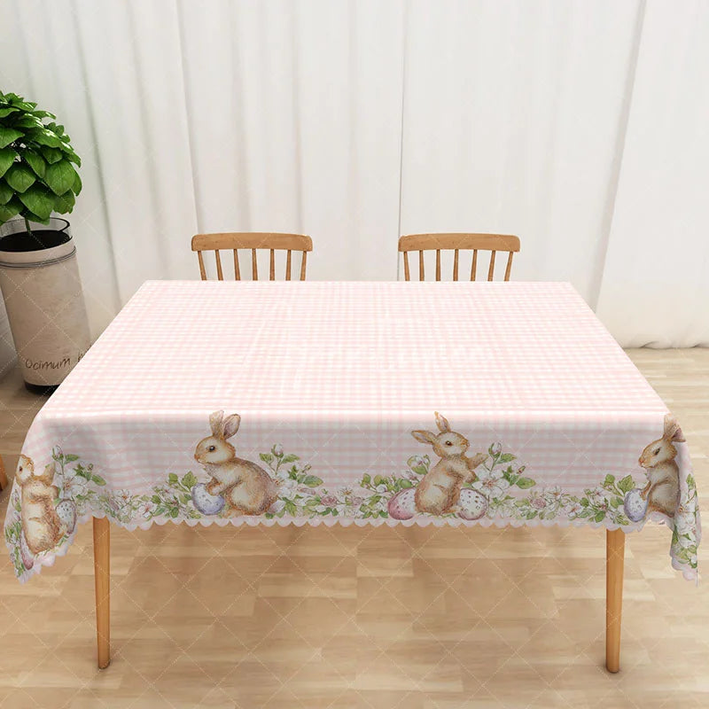 Aperturee - Aperturee Pink Gingham Bunny Rectangle Tablecloth Realistic Rabbit Easter Egg Table Cover Rustic Spring Farmhouse Decor