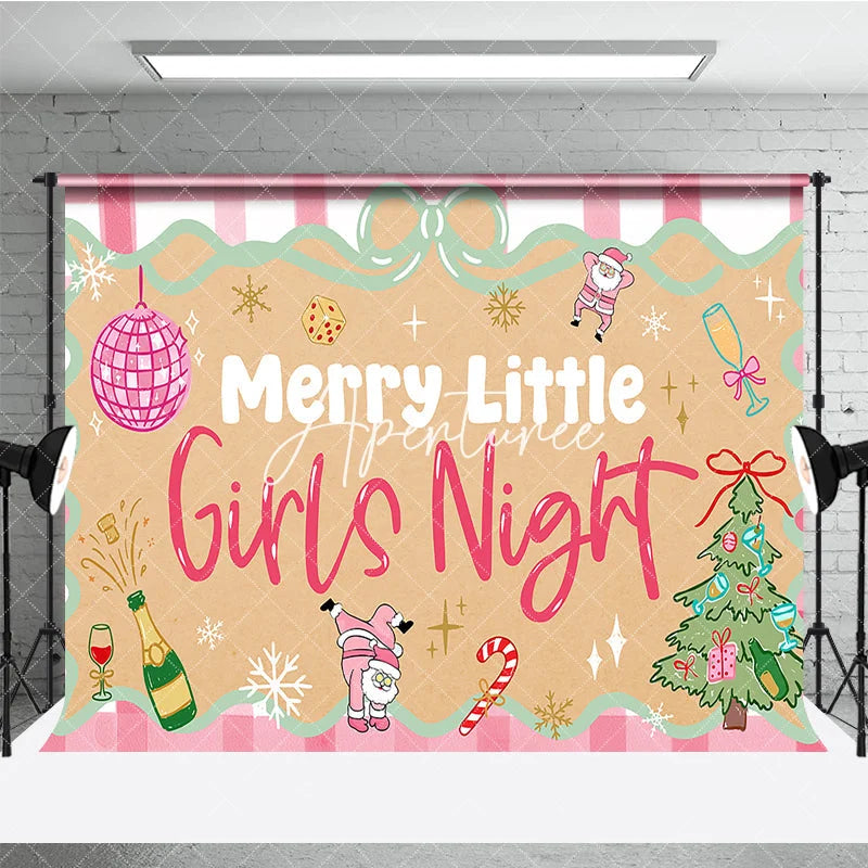 Aperturee - Aperturee Pink Gingham Merry Little Girls Night Holiday Backdrop Festive Disco Ball and Santa Christmas Tree Party Decor.