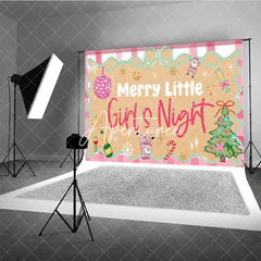 Aperturee - Aperturee Pink Gingham Merry Little Girls Night Holiday Backdrop Festive Disco Ball and Santa Christmas Tree Party Decor.