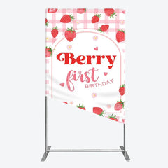 Aperturee - Aperturee Pink Gingham Strawberry Berry First Birthday Rectangle Arch Backdrop with Cute Hearts and Flowers Sweet Party Decor.